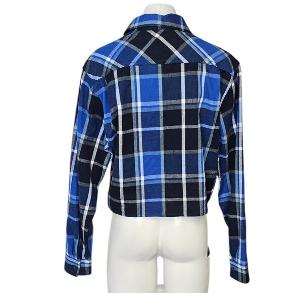 Aritzia TNA Womens Cropped Plaid Button Up Shirt, Flannel, Blue, Cotton, Size XS - Picture 2 of 8
